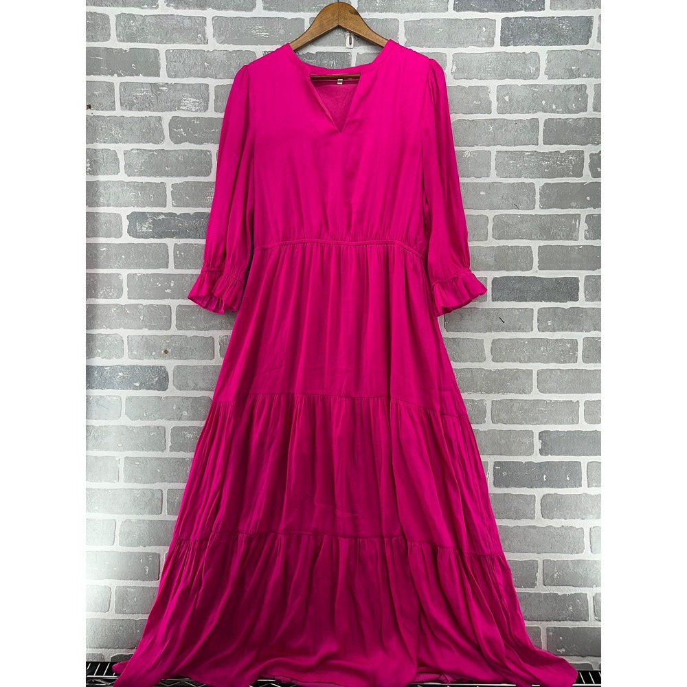 Skies Are Blue Magenta Pink Tiered Maxi Dress Ruffle Sleeve Split V-Neck 98840 L